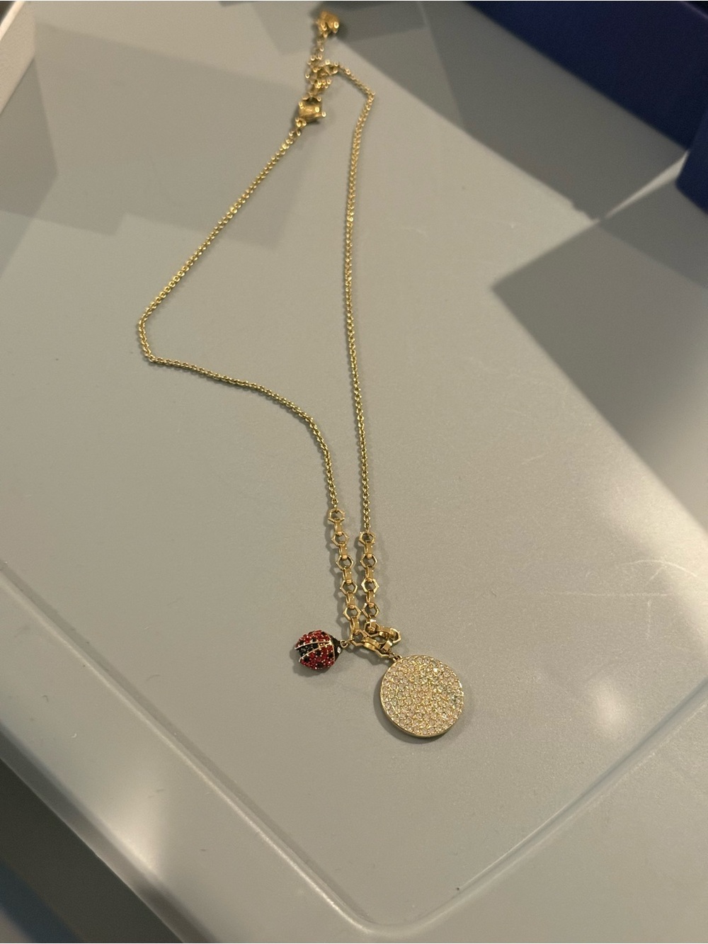 Swarovski Gold Disc Necklace with Red Crystal Ladybug Charm